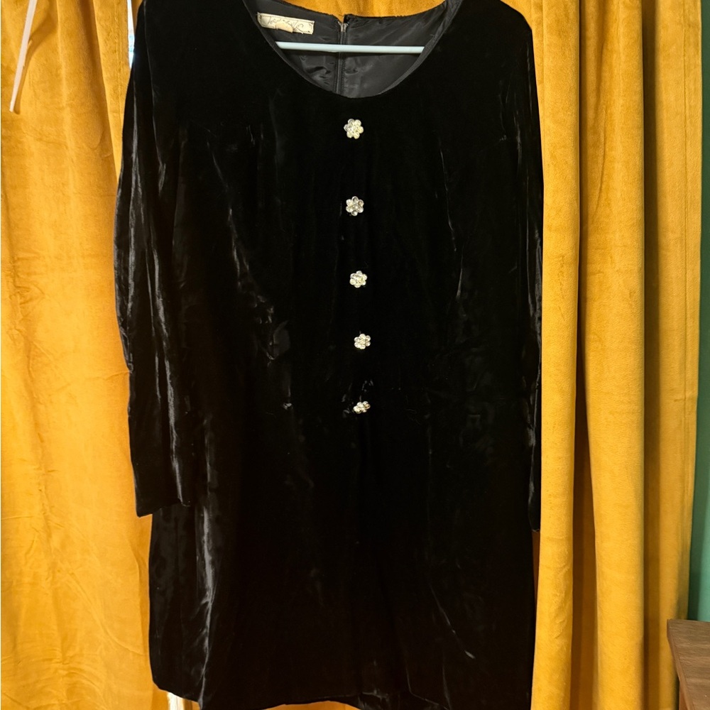 Vintage 60’s Black Mini Lord and Taylor Velvet Dress with Floral Buttons